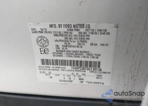 2016 Ford Taurus Limited z USA, uszkodzony, nr VIN 1FAHP2J87GG130136